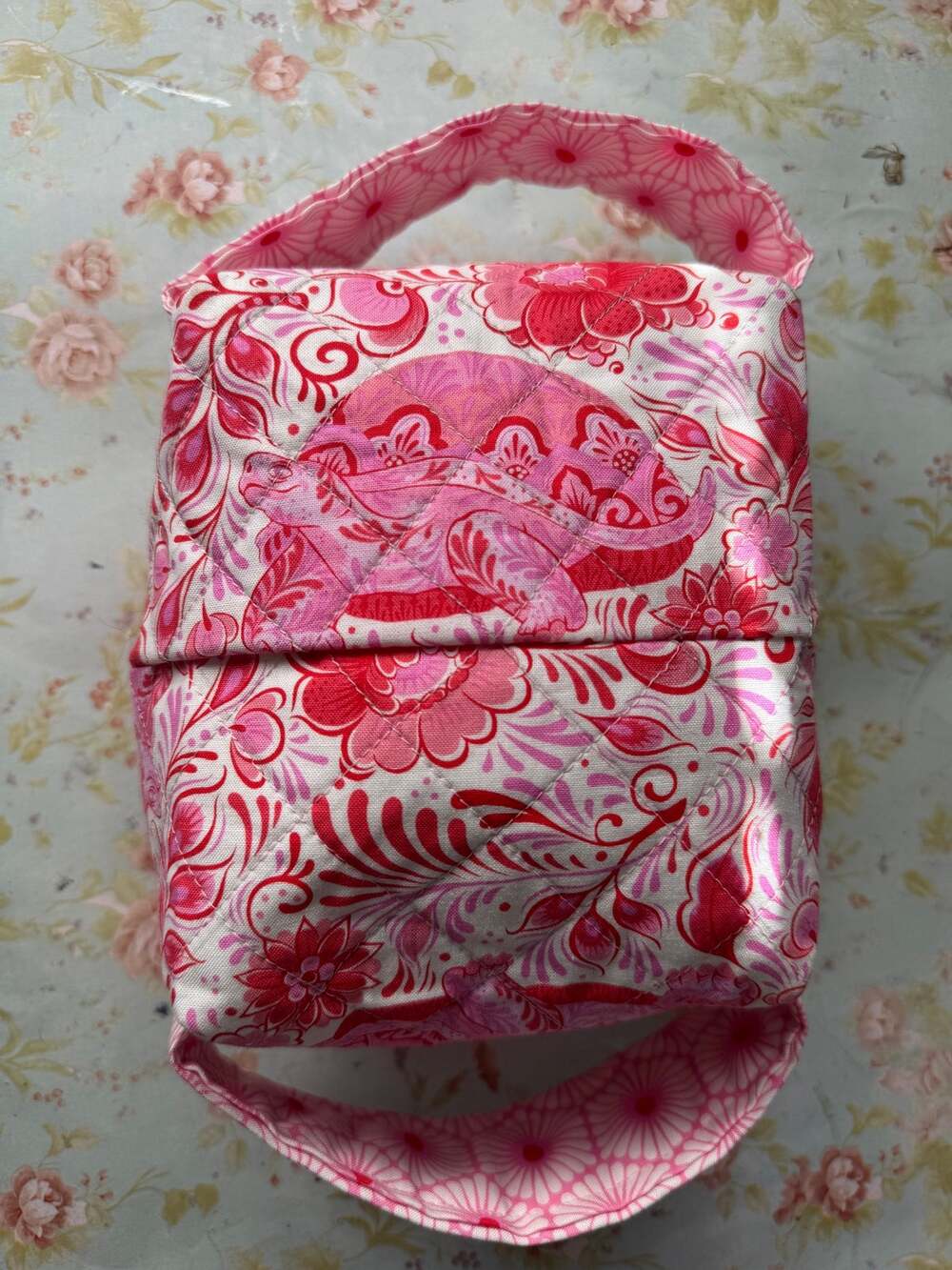 Handmade Zip Pouch Makeup Cosmetic Storage Bag Pink Floral Square-Shaped